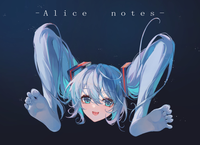 1girl absurdres barefoot blue_eyes blue_hair commentary_request full_body grey_background hair_between_eyes hair_ornament hatsune_miku highres lixiang_guo_alice long_bangs long_hair looking_at_viewer open_mouth shiteyan'yo smile soles solo toes twintails vocaloid