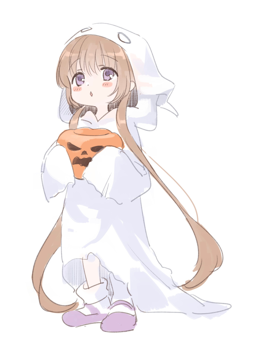 1girl absurdres alternate_costume blush_stickers brown_hair chipochopo324 commentary_request diamond_mouth food full_body ghost_costume highres holding holding_food holding_pumpkin holding_vegetable hood hood_up jack-o'-lantern long_hair looking_up loose_socks low_twintails mary_janes open_mouth pumpkin purple_footwear raised_eyebrows shoes simple_background sleeves_past_fingers sleeves_past_wrists socks solo trick-or-treating tsukuyomi_ai twintails vegetable very_long_hair violet_eyes voiceroid white_background white_socks