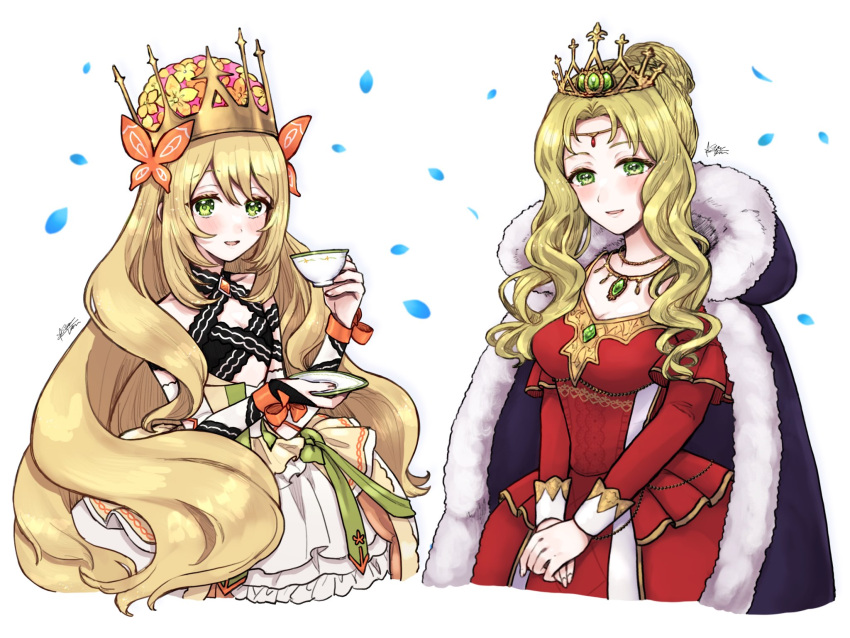 2girls blonde_hair bow butterfly_hair_ornament cape celine_(fire_emblem) circlet commentary crown cup detached_sleeves dress dress_bow fire_emblem fire_emblem:_the_binding_blade fire_emblem_engage fire_emblem_heroes frilled_dress frills fur_trim gem gold_trim green_eyes guinevere_(fire_emblem) hair_ornament highres holding holding_cup jewelry long_hair long_sleeves misato_hao multiple_girls necklace ribbon smile teacup very_long_hair wavy_hair white_background