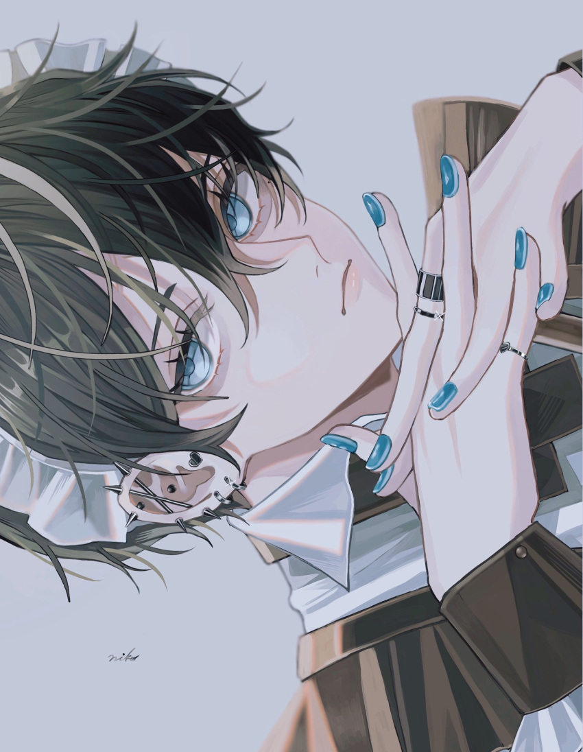 1boy black_hair blue_eyes blue_nails closed_mouth ear_piercing earrings expressionless fingernails hair_between_eyes highres jewelry light_blush light_particles looking_at_viewer maid maid_headdress male_focus multiple_rings nail_polish original piercing portrait ring short_hair signature solo sosaku_25