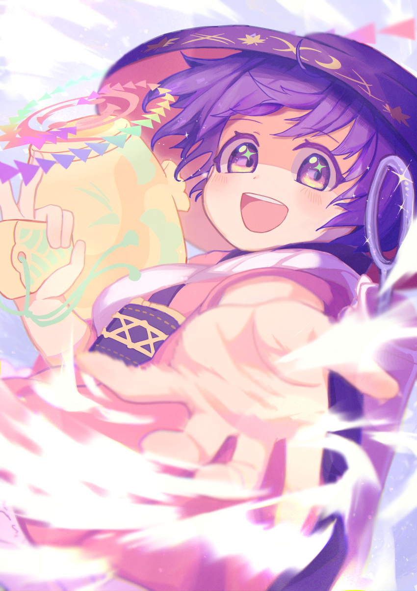 1girl :d absurdres bowl bowl_hat commentary_request cowboy_shot foreshortening hangaku_th hat highres japanese_clothes kimono looking_at_viewer miracle_mallet needle open_mouth pink_kimono purple_hair short_hair smile solo sparkle sparkling_eyes sukuna_shinmyoumaru teeth touhou upper_teeth_only violet_eyes