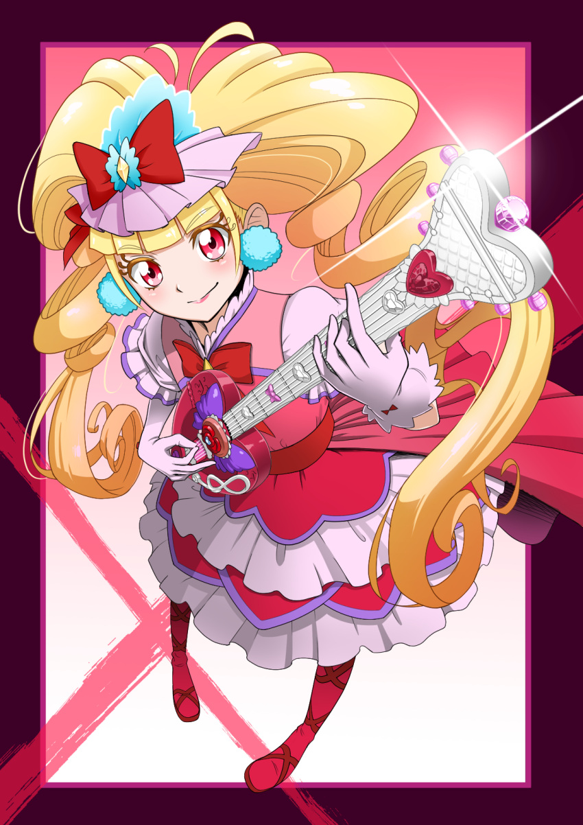 1girl aisaki_emiru blonde_hair blunt_bangs boots bow bowtie closed_mouth commentary cure_macherie diffraction_spikes dress drill_hair earrings eyelashes frilled_sleeves frills full_body gloves hat hat_bow heart highres holding holding_instrument hugtto!_precure instrument itou_shin'ichi jewelry knee_boots layered_dress lips long_hair looking_at_viewer magical_girl medium_dress mob_cap music pink_headwear playing_instrument pom_pom_(clothes) pom_pom_earrings precure red_bow red_dress red_eyes red_footwear short_sleeves smile solo standing twin_drills twintails white_gloves