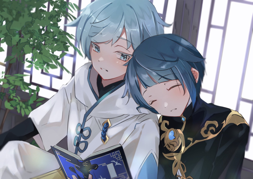 2boys black_coat blue_eyes blue_hair blunt_bangs blush book chongyun_(genshin_impact) closed_eyes coat diagonal_bangs genshin_impact head_on_another's_shoulder highres hood hood_down hoodie indoors leaning_on_person light_blue_hair looking_at_another looking_to_the_side male_focus multiple_boys open_book parted_lips short_hair sleeping upper_body white_hoodie xingqiu_(genshin_impact) yui_4293