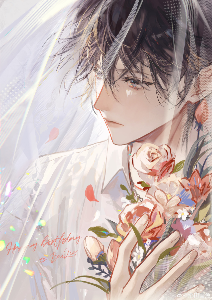 1boy absurdres bai_liu bishounen black_hair collared_shirt falling_petals flower happy_birthday highres i_became_a_god_in_a_horror_game looking_to_the_side male_focus petals red_flower red_rose rose shirt short_hair solo upper_body veil weibo_2267015105