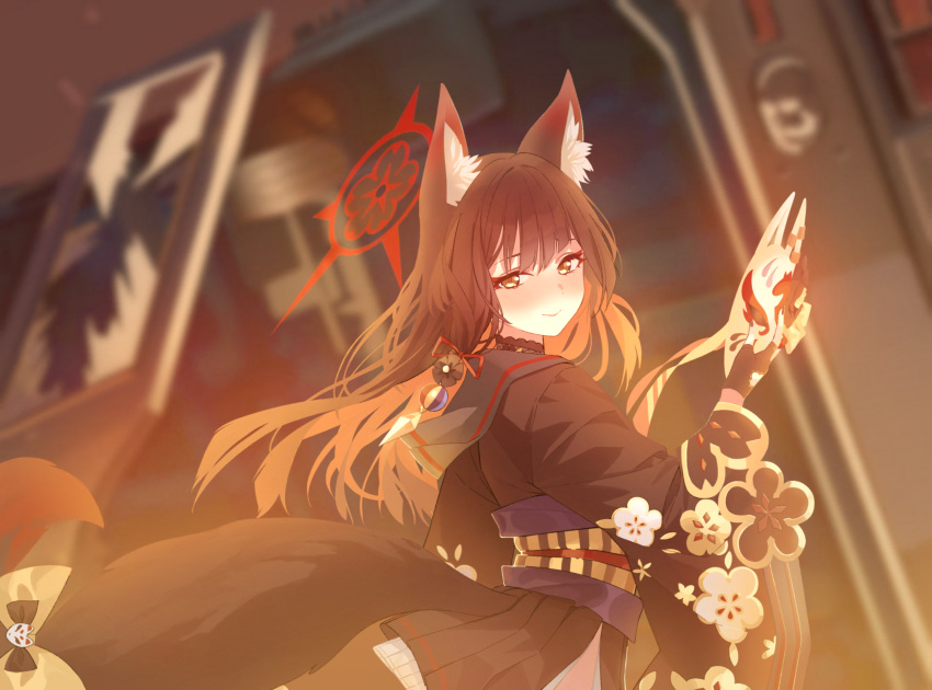1girl absurdres animal_ear_fluff animal_ears artist_request asymmetrical_bangs black_gloves black_kimono blue_archive blunt_ends blurry blurry_background blush bow broken_glass brown_hair fingerless_gloves floral_print flower fox_ears fox_girl fox_mask fox_tail game_cg glass gloves hair_flower hair_ornament halo highres holding holding_mask japanese_clothes kimono long_hair looking_at_viewer looking_back mask multicolored_hair non-web_source obi obiage official_art print_kimono red_halo redhead sash side_slit smile solo tail tail_bow tail_ornament two-tone_hair wakamo_(blue_archive) wide_sleeves yellow_eyes
