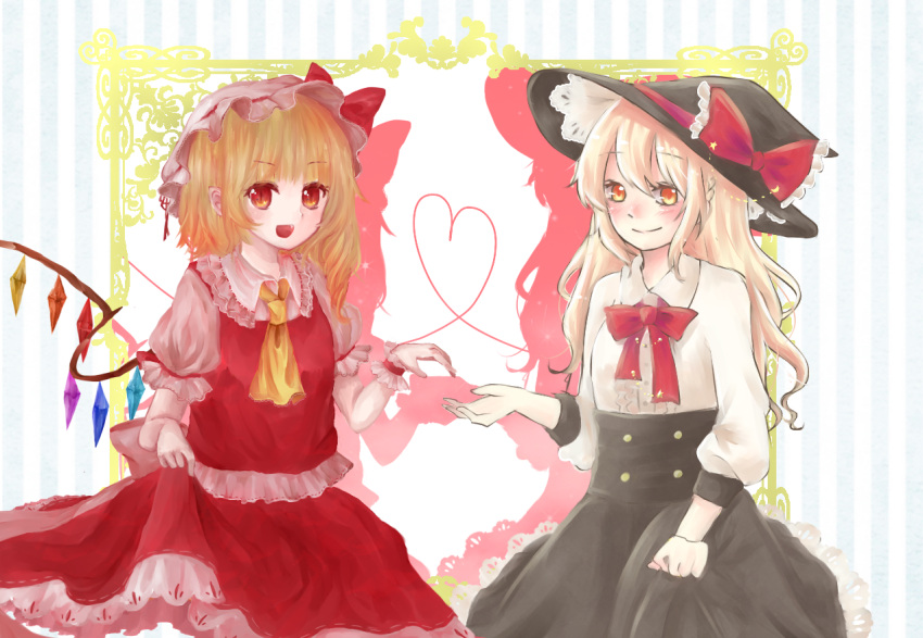 2girls adapted_costume asazuki_noa ascot back_bow black_skirt blonde_hair bow bowtie breasts buttons center_frills closed_mouth collared_shirt crystal dress_shirt drop_shadow fang frilled_bow frilled_shirt_collar frilled_skirt frilled_sleeves frilled_vest frills from_side hat hat_bow hat_ribbon heart heart_of_string high-waist_skirt kirisame_marisa large_bow long_hair long_sleeves looking_at_another medium_hair mob_cap multicolored_wings multiple_girls no_vest open_mouth puffy_short_sleeves puffy_sleeves red_bow red_bowtie red_eyes red_ribbon red_skirt red_vest ribbon shadow shirt short_sleeves skirt sleeve_ribbon small_breasts striped striped_background touhou vertical_stripes vest white_bow white_headwear white_shirt wings wrist_cuffs yellow_ascot
