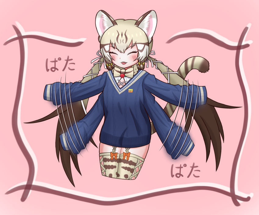 1girl absurdres animal_ears bow bowtie cardigan cat_ears cat_girl cat_tail equalarrow extra_ears geoffroy's_cat_(kemono_friends) grey_hair highres kemono_friends kemono_friends_v_project kneehighs long_hair microphone pink_background ribbon shirt simple_background socks solo tail twintails virtual_youtuber