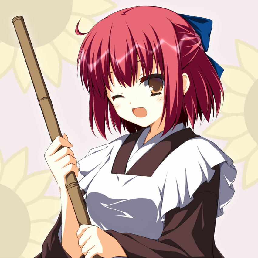 1girl :d apron asagi_nanami blue_bow blush bow broom brown_kimono commentary_request eyebrows_hidden_by_hair eyelashes floral_print hair_between_eyes hair_bow half_updo happy highres holding holding_broom japanese_clothes kimono kohaku_(tsukihime) long_sleeves looking_at_viewer maid maid_apron medium_hair one_eye_closed open_mouth pink_background redhead simple_background smile solo sunflower_print tsukihime wa_maid white_apron wide_sleeves yellow_eyes