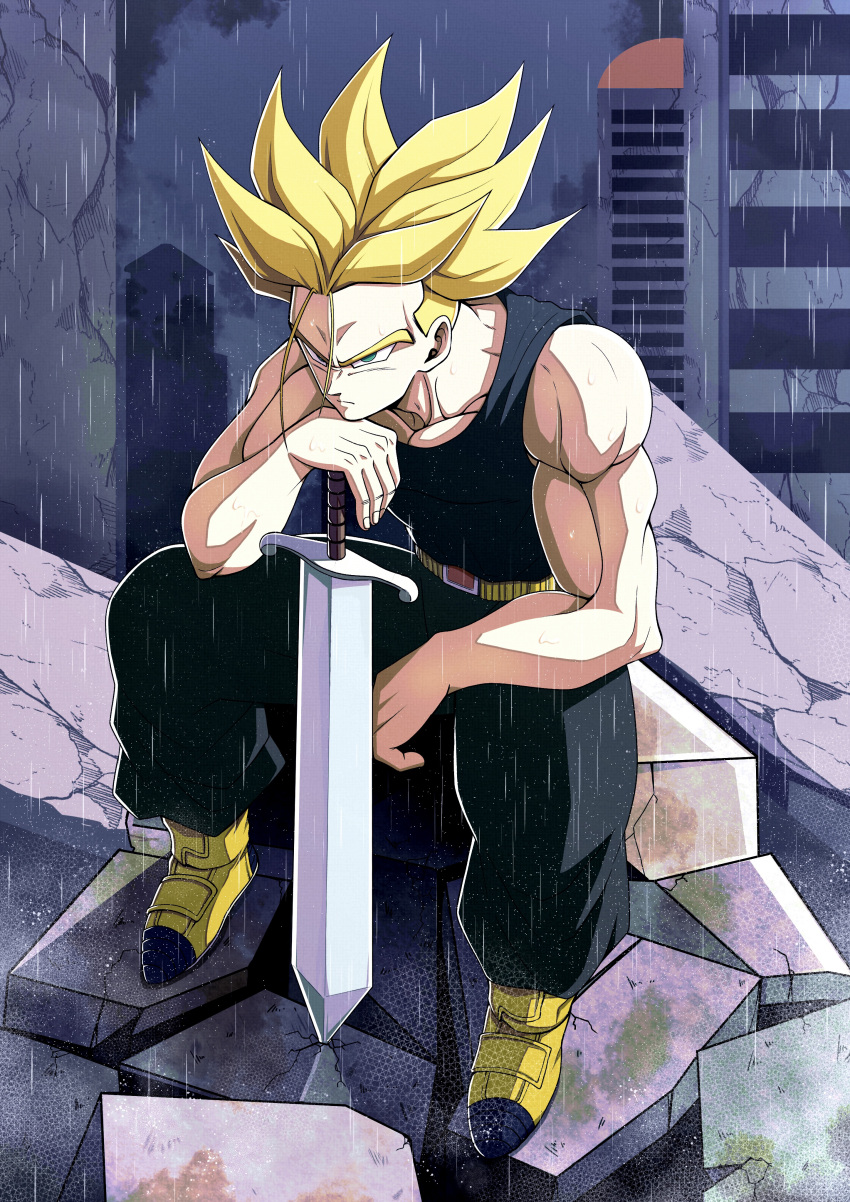1boy absurdres act_(act_1113) belt biceps black_pants black_shirt blonde_hair boots building city closed_mouth collarbone dragon_ball dragon_ball_z frown green_eyes highres male_focus muscular muscular_male outdoors overcast pants pectorals planted planted_sword rain ruins serious shirt sitting sky skyscraper sleeveless sleeveless_shirt solo spiky_hair super_saiyan super_saiyan_1 sword trunks_(dragon_ball) trunks_(future)_(dragon_ball) v-shaped_eyebrows weapon yellow_belt yellow_footwear