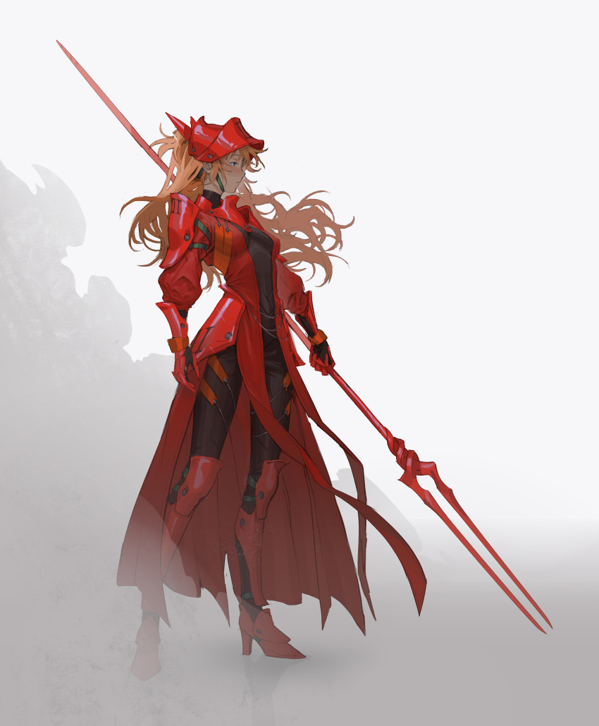 1girl absurdres alternate_costume armor armored_boots armored_dress blue_eyes boots dress expressionless fantasy from_side full_body grey_background helmet high_heels highres holding holding_polearm holding_weapon lance_of_longinus_(evangelion) long_hair mugi_(nathalie_bartelius) neon_genesis_evangelion orange_hair pauldrons polearm red_dress shoulder_armor smoke solo souryuu_asuka_langley standing weapon