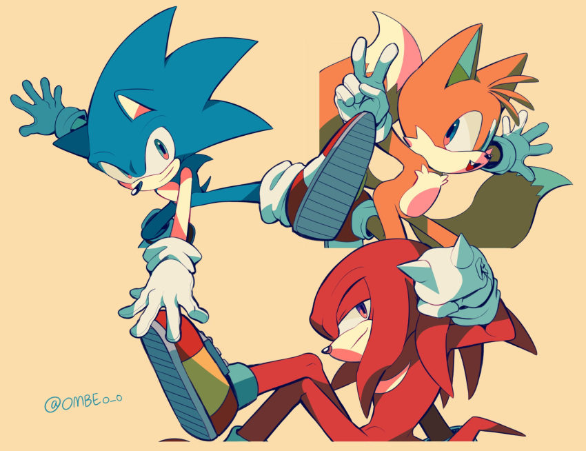 3boys animal_ears animal_nose arm_up arms_up artist_name blue_eyes blue_fur closed_mouth crossed_legs fang fox_boy fox_ears fox_tail furry furry_male green_eyes half-closed_eyes hedgehog hedgehog_ears hedgehog_tail highres knuckles_the_echidna leg_up looking_at_viewer male_focus multiple_boys multiple_tails ombeo_o open_mouth orange_fur red_footwear red_fur shoes simple_background sitting smile sneakers socks sonic_(series) sonic_the_hedgehog standing standing_on_one_leg tail tails_(sonic) tongue two_tails v violet_eyes white_socks yellow_background