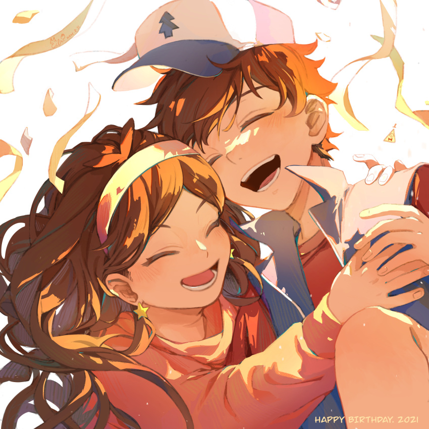 1boy 1girl 2021 :d absurdres ahoge baseball_cap bill_cipher birthday blush brother_and_sister brown_hair closed_eyes confetti dipper_pines earrings eden_(eden871225) gravity_falls hairband hand_on_another's_shoulder happy_birthday hat highres holding_hands hug jewelry knee_up long_hair mabel_pines open_mouth popped_collar shirt short_hair siblings smile star_(symbol) star_earrings sweater t-shirt twins vest