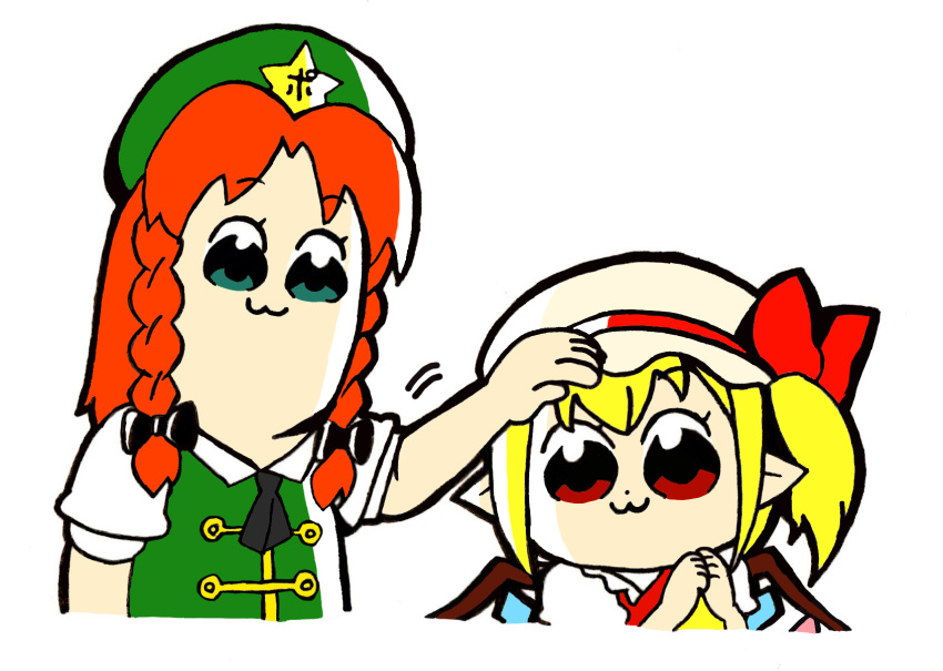 2girls :3 ascot bkub_(style) blonde_hair braid closed_mouth flandre_scarlet green_eyes green_headwear green_vest hand_on_another's_head hat hat_ornament hat_ribbon highres hong_meiling mofujiro multicolored_wings multiple_girls pointy_ears poptepipic puffy_short_sleeves puffy_sleeves red_eyes red_ribbon red_vest redhead ribbon shirt short_sleeves star_(symbol) star_hat_ornament touhou twin_braids upper_body vest white_background white_headwear white_shirt wings yellow_ascot