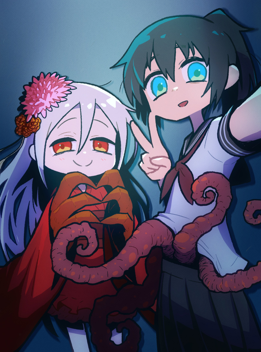 2girls aqua_eyes black_hair black_sailor_collar black_skirt blue_background claws closed_mouth commentary_request cowboy_shot flower frilled_kimono frills grey_hair hair_between_eyes hair_flower hair_ornament hands_up highres japanese_clothes kimono long_hair long_sleeves looking_at_viewer medium_hair monster_girl multiple_girls neckerchief obi open_mouth orange_flower original pink_flower pleated_skirt ponytail red_eyes red_kimono red_neckerchief red_sash right-over-left_kimono sailor_collar sash school_uniform selfie serafuku shirt short_sleeves skirt smile split_mouth standing takurada tentacles v very_long_hair white_shirt wide_sleeves