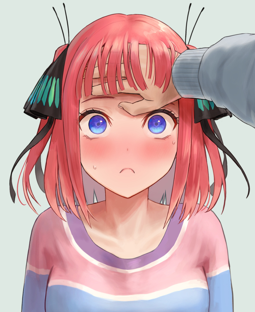 1boy 1girl black_ribbon blue_eyes blunt_bangs blush bob_cut butterfly_hair_ornament closed_mouth collarbone commentary_request go-toubun_no_hanayome hair_ornament hair_ribbon hand_on_another's_head hand_on_own_neck highres ishiyuki multicolored_nails multicolored_shirt nakano_nino pink_hair revision ribbon shirt short_hair sidelocks solo_focus striped striped_shirt sweatdrop uesugi_fuutarou