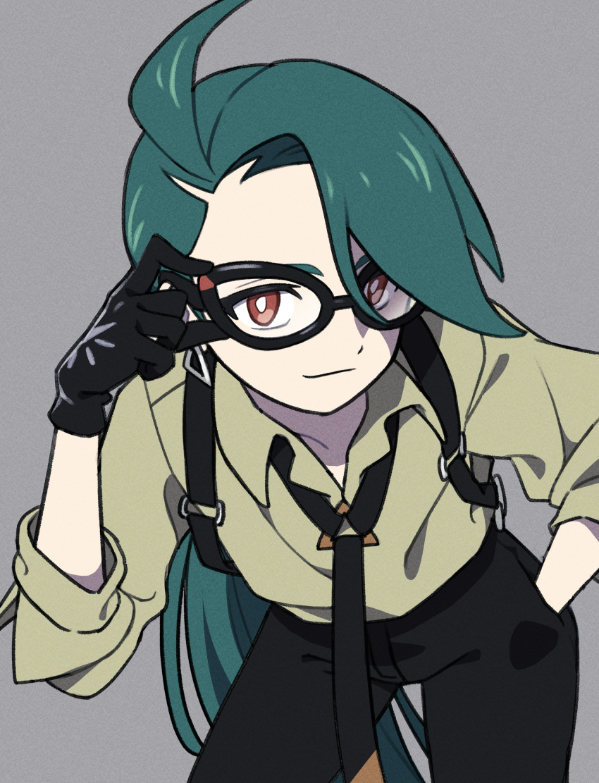 1girl absurdres adjusting_eyewear ahoge bent_over black_gloves black_necktie black_pants bright_pupils brown_eyes closed_mouth collared_shirt commentary_request cowboy_shot gloves green_hair grey_background hand_in_pocket hand_up highres long_hair looking_at_viewer necktie nokino_(nokinokin0) pants pokemon pokemon_(game) pokemon_sv rika_(pokemon) shirt smile solo suspenders white_pupils