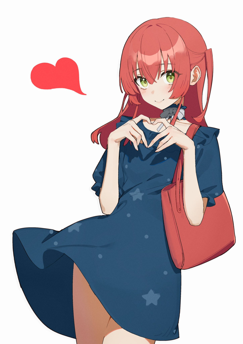 1girl bag blue_dress blush bocchi_the_rock! choker collarbone dress frilled_choker frilled_dress frills green_eyes handbag heart heart_hands highres kita_ikuyo long_hair looking_at_viewer one_side_up puffy_short_sleeves puffy_sleeves red_bag redhead short_dress short_sleeves simple_background smile split_mouth star_(symbol) star_print white_background wind wind_lift xpsuv