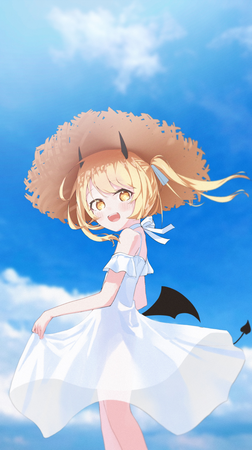 1girl :d absurdres black_horns blonde_hair blue_archive blush day demon_tail demon_wings dress from_side hat highres horns ibuki_(blue_archive) looking_at_viewer low_wings open_mouth osorii outdoors side_ponytail sky sleeveless sleeveless_dress smile solo straw_hat sun_hat sundress tail white_dress wings yellow_eyes