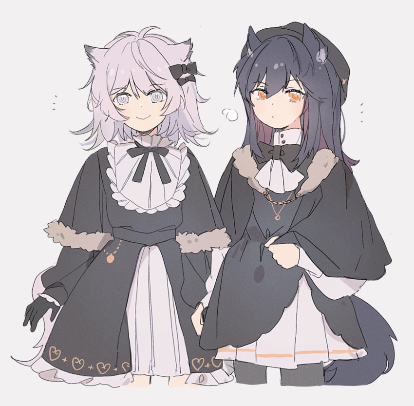 2girls aged_down animal_ears arknights black_bow black_bowtie black_dress black_hair bow bowtie capelet closed_mouth commentary cowlick cropped_legs dress fur-trimmed_capelet fur_trim grey_eyes grey_hair hair_bow lappland_(arknights) looking_at_viewer multiple_girls parted_lips seri_(vyrlw) short_hair simple_background smile tail texas_(arknights) visible_air white_background white_hair wolf_ears wolf_girl wolf_tail yellow_eyes