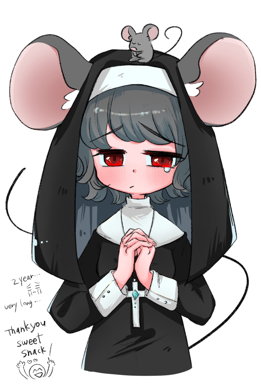 1girl alternate_costume animal_ears animal_on_head closed_mouth cropped_torso cross cross_necklace english_text grey_hair habit hands_up highres interlocked_fingers jewelry kakigoori_(xm3lz) long_sleeves looking_at_viewer mouse mouse_ears mouse_girl nazrin necklace nun on_head own_hands_clasped own_hands_together praying red_eyes short_hair solo tears touhou upper_body veil
