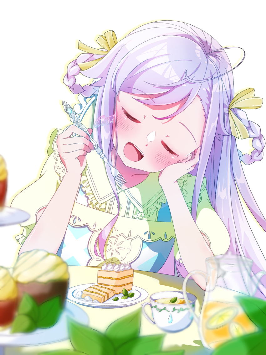 1girl ahoge blush cake closed_eyes cup food fork frilled_shirt frills hand_on_own_cheek hand_on_own_face highres holding holding_fork iroha_wds long_hair niizuma_yae open_mouth purple_hair shirt solo teacup world_dai_star