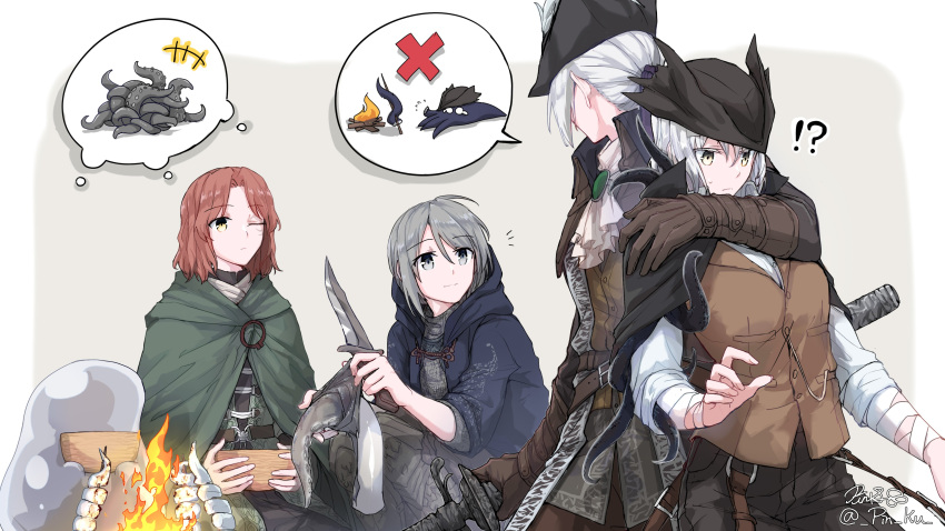 !? 4girls absurdres ascot bandaged_arm bandages bloodborne blue_cloak bonfire brown_gloves brown_hair brown_vest campfire camping cape cloak coat cooking double-blade elden_ring facial_tattoo fire food gloves grey_eyes grey_hair hat hat_feather highres holding holding_another's_hair holding_knife holding_weapon hood hooded_cape hooded_cloak hunter_(bloodborne) knife lady_maria_of_the_astral_clocktower looking_at_another marshmallow medium_hair melina_(elden_ring) multiple_girls octopus one-eyed pin.s rakuyo_(bloodborne) roasted_marshmallow roasting shirt signature skewer stick tarnished_(elden_ring) tattoo tricorne twitter_username vest weapon white_ascot white_hair white_shirt yellow_eyes