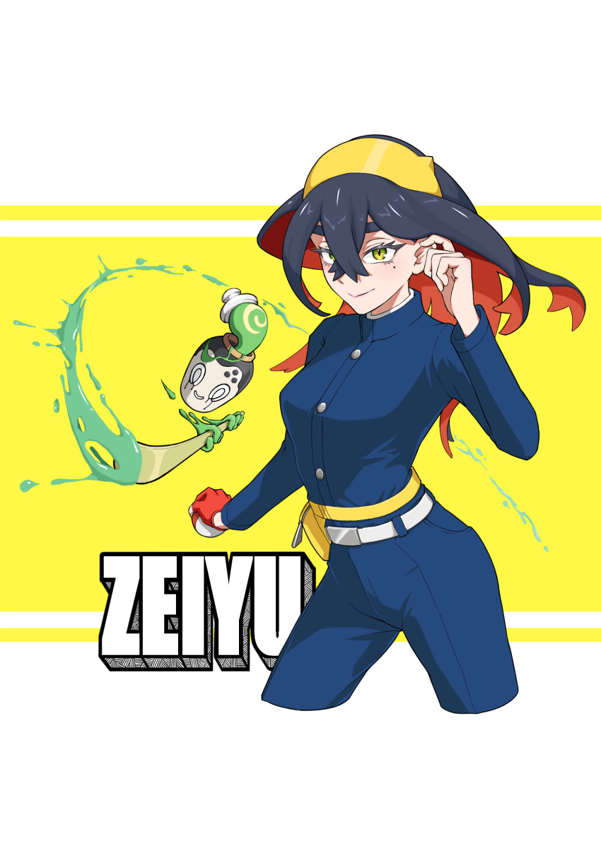 1girl belt belt_buckle black_hair blue_jacket blue_pants buckle buttons carmine_(pokemon) closed_mouth colored_inner_hair commentary_request crossed_bangs eyelashes fanny_pack hair_between_eyes hairband hand_up highres holding holding_poke_ball jacket long_hair long_sleeves mole mole_under_eye multicolored_hair pants poke_ball poke_ball_(basic) pokemon pokemon_(creature) pokemon_(game) pokemon_sv poltchageist shiizuu_(multi_mirror) smile white_belt yellow_bag yellow_eyes yellow_hairband