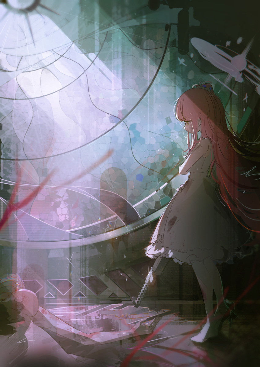 1girl absurdres arient5888 blue_archive dress hair_bun hair_ornament halo highres long_hair looking_at_viewer mika_(blue_archive) pink_hair shoes single_shoe solo white_dress wings yellow_eyes