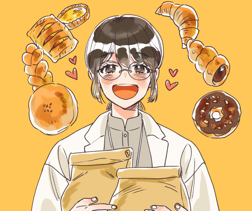 1girl algedi000 bag blush bread brown_eyes brown_hair chocolate_cornet commentary_request croissant doughnut eoduun_badaui_deungbul-i_doeeo food glasses heart highres holding holding_bag korean_commentary lab_coat looking_at_viewer open_mouth orange_background paper_bag short_hair simple_background smile solo upper_body yu_geum-i