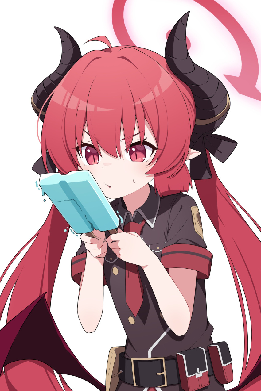 1girl absurdres belt black_horns black_ribbon blue_archive bow breasts demon_wings fang food hair_bow halo highres holding holding_food holding_popsicle horns junko_(blue_archive) low_wings mmhomm necktie pointy_ears popsicle red_eyes red_halo red_necktie redhead ribbon short_sleeves simple_background skin_fang small_breasts solo sweatdrop twintails white_background wings