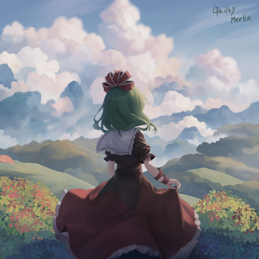 1girl absurdres blue_sky commentary_request dress flower from_behind green_hair guilty_merlin hair_ribbon highres kagiyama_hina mixed-language_commentary mountain outdoors red_dress red_ribbon ribbon short_hair short_sleeves signature sky solo touhou