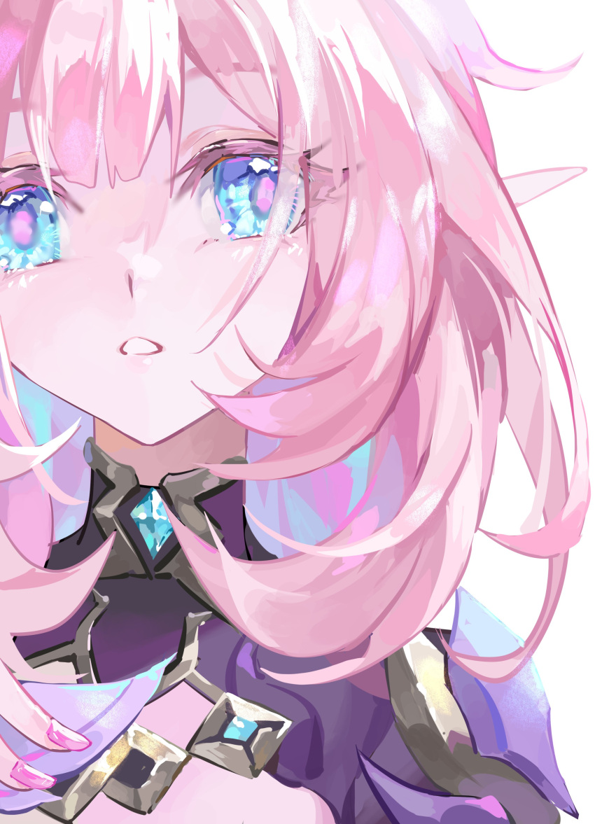 1girl absurdres blue_eyes commentary_request elysia_(honkai_impact) elysia_(miss_pink_elf)_(honkai_impact) eyebrows_hidden_by_hair hair_between_eyes highres honkai_(series) honkai_impact_3rd kuangwang_heiye looking_at_viewer nail_polish parted_lips pink_hair pink_nails simple_background solo upper_body white_background