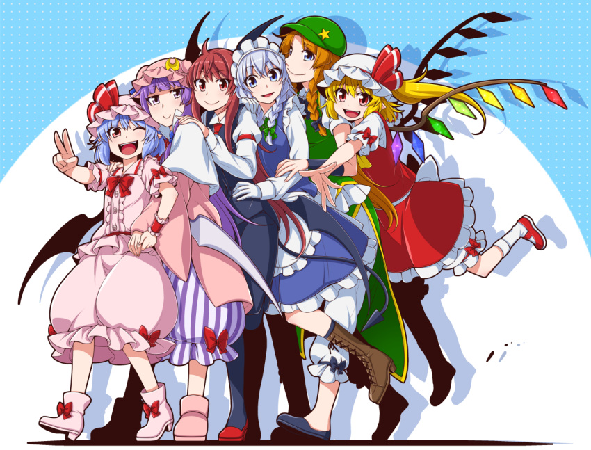 6+girls ;d ahoge apron armband ascot back_bow bat_wings black_bow black_footwear black_pantyhose black_skirt black_vest blonde_hair blue_background blue_dress blue_eyes blue_hair blush boots bow bowtie braid brown_footwear capelet collared_shirt commentary_request crescent crescent_hat_ornament cross-laced_footwear crystal demon_tail dot_nose dress drop_shadow eichi_yuu embodiment_of_scarlet_devil fangs flandre_scarlet frilled_dress frilled_skirt frilled_sleeves frills full_body green_bow green_dress green_headwear hair_ribbon hand_on_another's_hip hand_on_another's_shoulder hand_on_own_hip happy hat hat_bow hat_ornament head_wings holding_hands hong_meiling izayoi_sakuya juliet_sleeves koakuma large_bow leaning_forward leg_up long_hair long_sleeves looking_at_viewer maid maid_headdress mob_cap multicolored_wings multiple_girls necktie one_eye_closed orange_hair outstretched_arm pants pants_under_dress pantyhose patchouli_knowledge pink_footwear pink_headwear pink_robe pink_shirt pink_skirt polka_dot polka_dot_background puffy_sleeves purple_dress purple_hair red_armband red_bow red_bowtie red_eyes red_footwear red_necktie redhead remilia_scarlet ribbon robe shirt short_hair short_sleeves side_ponytail simple_background skirt skirt_set smile socks standing striped striped_dress tail touhou tress_ribbon twin_braids v vertical-striped_dress vertical_stripes very_long_hair vest violet_eyes waist_apron white_background white_capelet white_hair white_headwear white_pants white_shirt white_socks wing_collar wings wrist_cuffs yellow_ascot