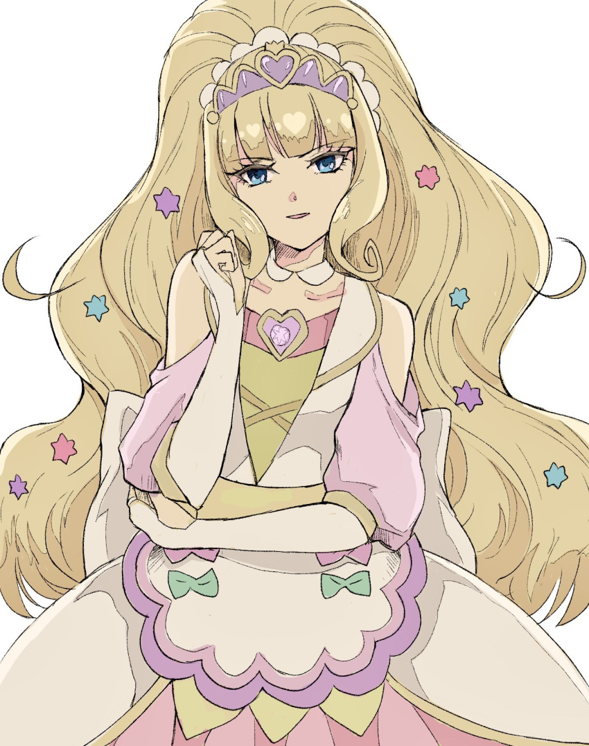 1girl bare_shoulders blonde_hair blue_eyes bridal_gauntlets brooch cropped_legs cure_finale delicious_party_precure hair_ornament head_tilt heart heart_brooch highres jewelry kasai_amane long_hair looking_at_viewer magical_girl parted_lips precure simple_background solo star_(symbol) star_hair_ornament sumiko_(sumikop) white_background
