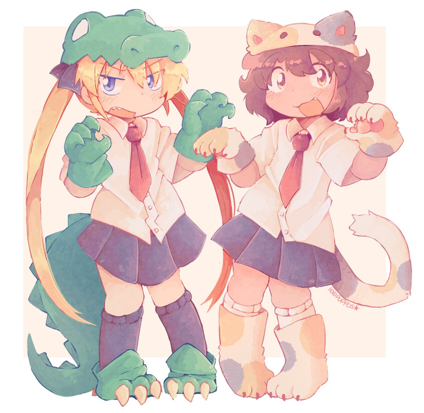&gt;:( 2girls :d animal_costume animal_ears animal_hands animal_hat black_ribbon blush brown_hair cat_ears cat_paws cat_tail claw_pose crocodile_girl crocodile_hair_ornament crocodilian_tail fake_animal_ears gloves hair_ribbon hat highres kill_me_baby knees_together_feet_apart long_hair looking_at_viewer looking_to_the_side multiple_girls necktie open_mouth oribe_yasuna paw_gloves paw_shoes poppos red_necktie reptile_girl ribbon school_uniform short_hair skirt smile sonya_(kill_me_baby) tail twintails v-shaped_eyebrows yuri