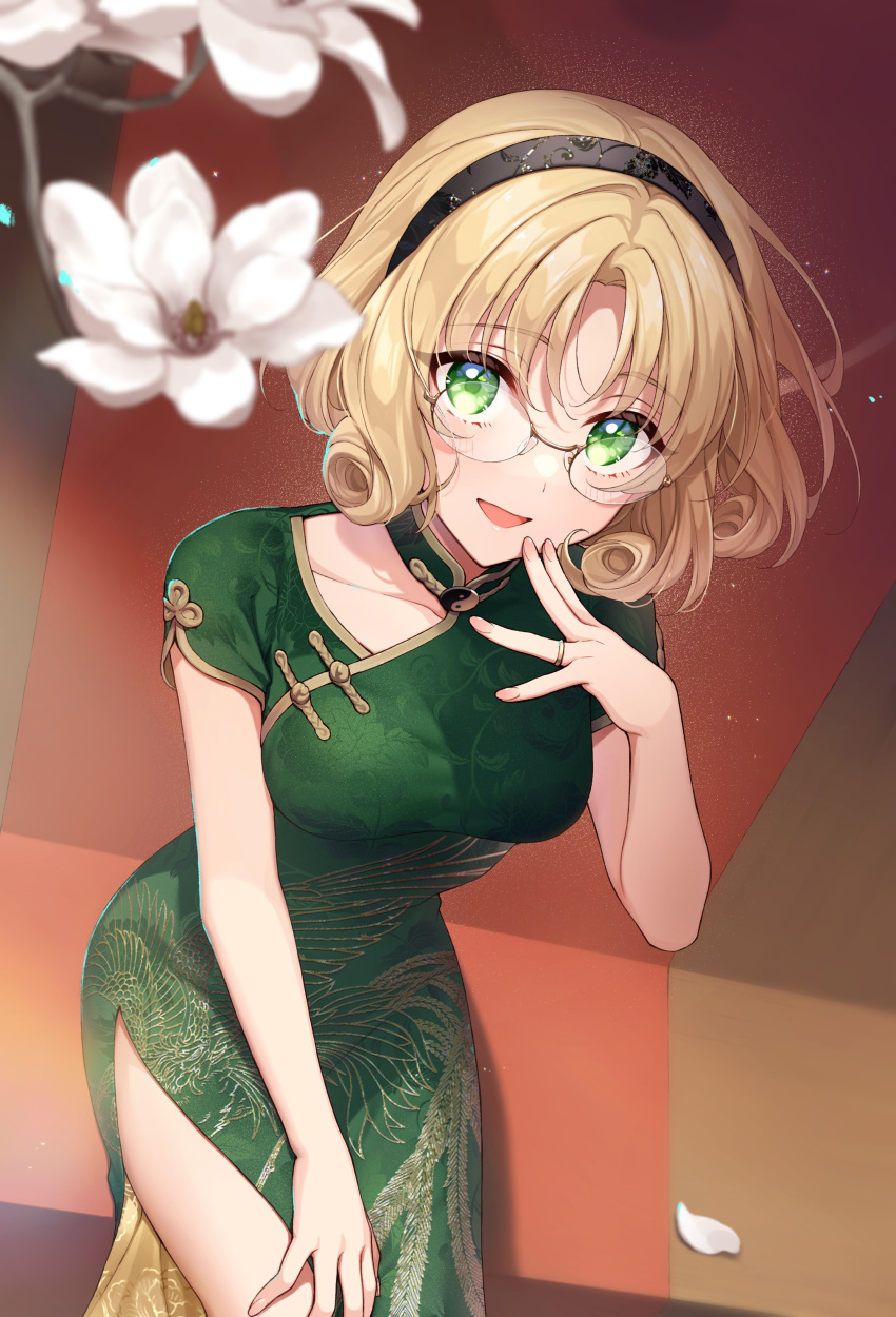 1girl :d absurdres black_hairband blonde_hair blurry blurry_foreground china_dress chinese_clothes collarbone dress flower from_above glasses green_dress hair_intakes hairband highres hououji_fuu jewelry looking_at_viewer looking_up magic_knight_rayearth masami_(souzou_jinsei_sanka) medium_hair open_mouth petals print_dress rimless_eyewear ring short_sleeves side_slit sitting smile solo white_flower