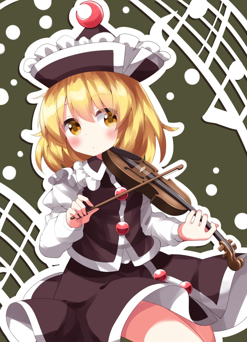 1girl black_headwear black_skirt black_vest blonde_hair blush bow_(music) breasts closed_mouth crescent crescent_hat_ornament hair_between_eyes hat hat_ornament highres holding holding_instrument instrument juliet_sleeves long_sleeves looking_at_viewer lunasa_prismriver music playing_instrument puffy_sleeves ruu_(tksymkw) shirt short_hair skirt small_breasts solo touhou vest violin white_shirt yellow_eyes