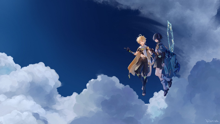 2boys ^_^ aether_(genshin_impact) ahoge apollo_hotori black_footwear black_gloves black_hair black_pants black_sash black_shirt black_shorts blonde_hair blue_cape blue_sky blunt_ends boots braid braided_ponytail bridal_gauntlets cape closed_eyes clouds cloudy_sky commentary crop_top day earrings english_commentary floating genshin_impact gloves gold_trim hair_between_eyes hand_up hands_up highres holding_hands jacket japanese_clothes jewelry long_hair looking_at_another male_focus midriff multicolored_hair multiple_boys navel open_mouth outdoors pants pom_pom_(clothes) purple_sash sandals sash scaramouche_(genshin_impact) shirt short_sleeves shorts sidelocks single_braid single_earring sky smile star_(symbol) stomach streaked_hair tassel two-sided_cape two-sided_fabric vambraces vision_(genshin_impact) wanderer_(genshin_impact) white_cape white_jacket yellow_cape