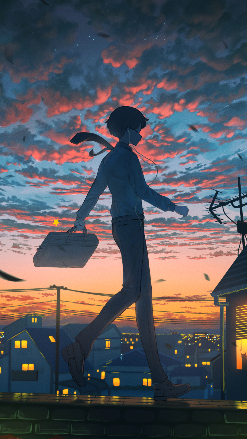 1boy absurdres black_hair briefcase building closed_eyes closed_mouth clouds collared_shirt earphones evening full_body highres holding holding_briefcase house male_focus necktie original outdoors pants pasoputi scenery shirt short_hair sky solo very_short_hair walking white_shirt
