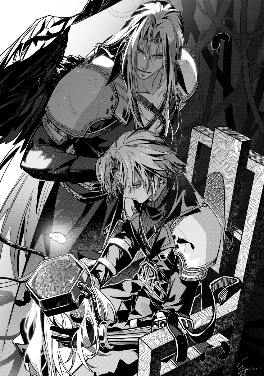 1boy armor belt brain chair chest_strap final_fantasy final_fantasy_vii final_fantasy_vii_ever_crisis final_fantasy_vii_remake greyscale highres holding_another's_head jenova long_bangs looking_at_another monochrome parted_bangs sephiroth shoulder_armor single_wing sitting standing strap wings yan_river