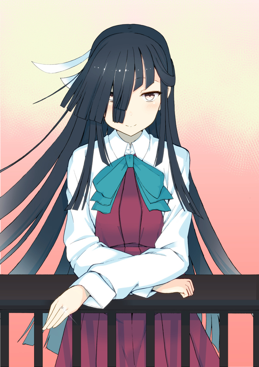 1girl black_hair dress gradient_background grey_eyes hair_over_one_eye hair_ribbon hayashimo_(kancolle) highres jewelry kantai_collection long_hair looking_at_viewer purple_dress ribbon ring school_uniform shirt simple_background smile solo tsuji_kazuho two-tone_background upper_body very_long_hair wedding_ring white_ribbon white_shirt