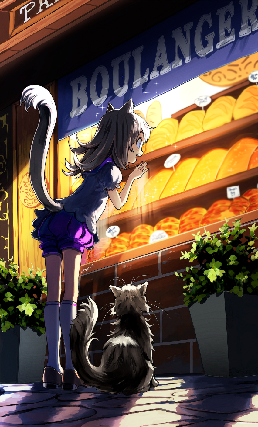 1girl 1other absurdres against_glass animal animal_ears bloomers blue_eyes blush bread cat cat_ears cat_girl cat_tail clip_studio_paint_(medium) commentary_request eudetenis food france from_behind full_body grey_hair grey_shirt highres kneehighs long_hair long_tail mary_janes night original puffy_short_sleeves puffy_sleeves purple_bloomers purple_sailor_collar sailor_collar shirt shoes short_sleeves socks solo_focus sparkle tail underwear white_socks