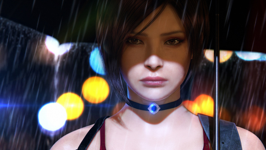 1girl 3d absurdres ada_wong asian choker closed_mouth highres jewelry lights looking_at_viewer necklace non-web_source rain resident_evil resident_evil_2 resident_evil_2_(remake) shaded_face sleeveless solo straight-on umbrella water_drop