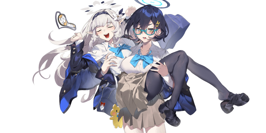 2girls absurdres black_footwear black_hair black_hairband black_pantyhose blue-framed_eyewear blue_archive blue_bow blue_bowtie blush bow bowtie breasts brown_skirt chihiro_(blue_archive) closed_eyes collarbone collared_shirt glasses hair_ornament hairband halo highres himari_(blue_archive) ktr_(tpun2553) large_breasts long_hair long_sleeves multiple_girls open_mouth pantyhose pleated_skirt pointy_ears shirt shoes short_hair simple_background skirt smile striped striped_hairband white_background white_hair white_shirt yellow_eyes