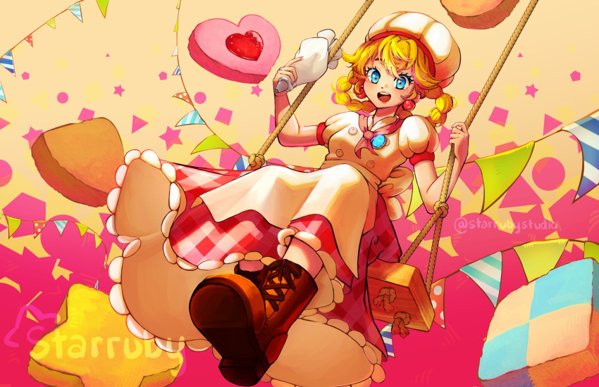 1girl apron artist_name blonde_hair blue_eyes boots braid brown_footwear chef_hat cookie earrings flag food hat heart-shaped_cookie highres jewelry looking_at_viewer neckerchief official_alternate_costume open_mouth pastry_bag pastry_chef_peach pink_neckerchief princess_peach princess_peach:_showtime! solo sphere_earrings star-shaped_cookie starrubystudio super_mario_bros. swing_set teeth upper_teeth_only watermark white_apron