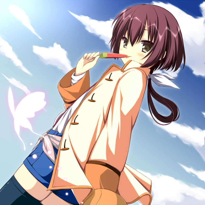 1girl asagi_nanami black_thighhighs blue_shorts blue_sky blush brown_eyes brown_hair bug butterfly clouds commentary_request cowboy_shot day dutch_angle food hand_up highres holding holding_food holding_popsicle jacket long_sleeves looking_at_viewer nanami_(summer_pockets) orange_jacket outdoors pink_butterfly popsicle short_hair_with_long_locks shorts sky solo standing summer_pockets thigh-highs tongue tongue_out watermelon_bar wide_sleeves zettai_ryouiki