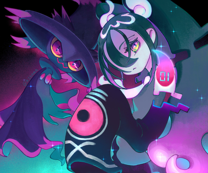 1girl black_sleeves ghost ghost_miku_(project_voltage) hair_over_one_eye hatsune_miku highres kibakira long_hair looking_at_viewer mismagius pale_skin pokemon pokemon_(creature) project_voltage sleeves_past_fingers sleeves_past_wrists twintails very_long_hair violet_eyes vocaloid will-o'-the-wisp_(mythology) yellow_eyes