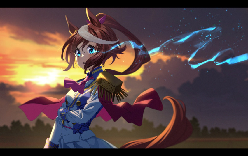 1girl animal_ears ascot blue_eyes blue_jacket blush bow breasts cape collared_jacket commentary_request epaulettes eye_trail gloves hair_between_eyes highres horse_ears horse_girl horse_tail jacket letterboxed light_trail long_hair long_sleeves looking_at_viewer multicolored_clothes multicolored_jacket nyanmaru outdoors parted_lips pink_ascot pink_bow pleated_skirt ponytail red_cape shoulder_cape single_epaulette skirt small_breasts solo sunset tail tokai_teio_(umamusume) two-tone_jacket umamusume white_gloves white_jacket white_skirt