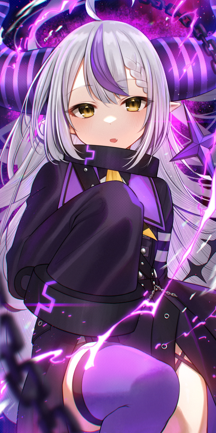 1girl ahoge black_dress braid braided_bangs chain commentary_request demon_horns dress fang feet_out_of_frame grey_hair highres hololive horns hoshimiya_aki la+_darknesss la+_darknesss_(1st_costume) long_sleeves looking_at_viewer multicolored_hair parted_lips pointy_ears purple_hair purple_thighhighs red_eyes single_thighhigh sleeves_past_fingers sleeves_past_wrists solo streaked_hair thigh-highs virtual_youtuber yellow_eyes