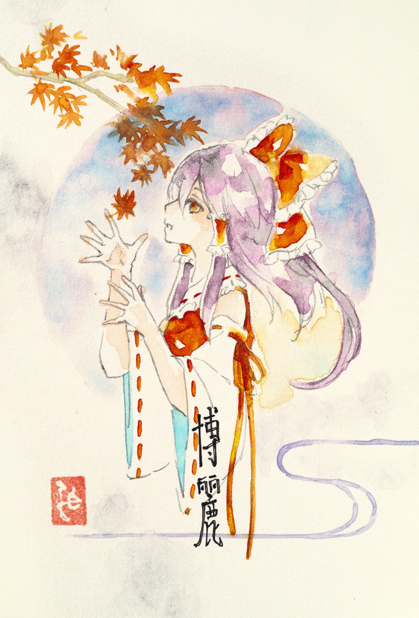 1girl autumn autumn_leaves branch calligraphy_brush hakurei_reimu highres ikeda_ruriko japanese_clothes leaf long_hair looking_at_object looking_to_the_side maple_leaf maple_tree miko nontraditional_miko paintbrush painting_(medium) seal_impression solo touhou traditional_media tree
